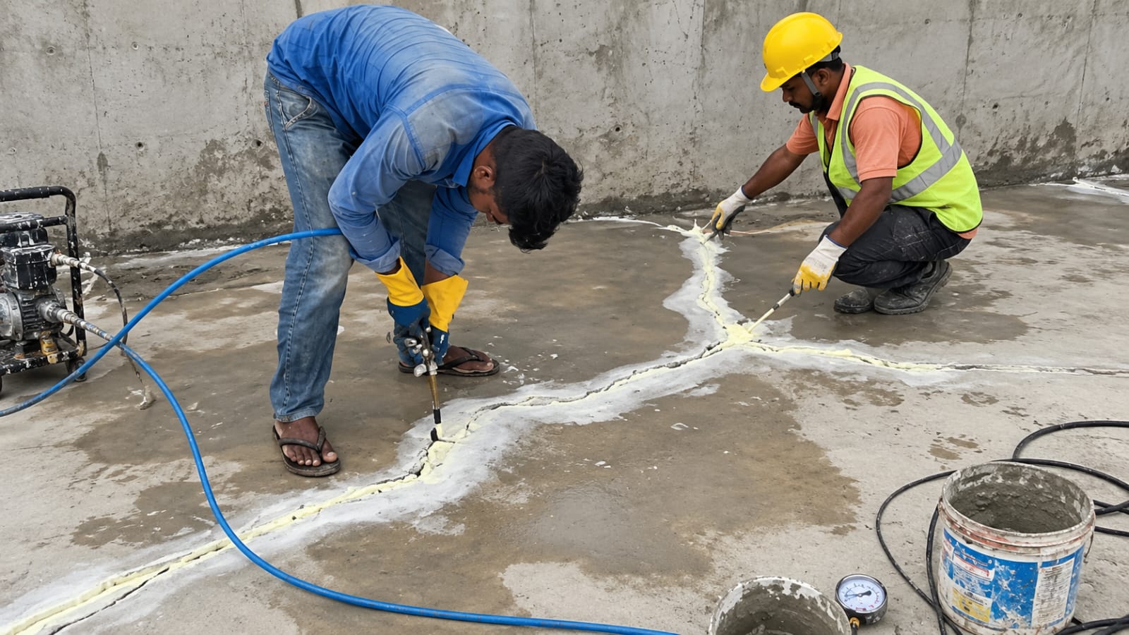 Two applicators pressure-injecting polyurethane resin into cracks across a concrete slab